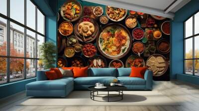 Arabian Food: Traditional Middle Eastern Lunch, Food that Muslims eat after sunset during Ramadan. an assortment of oriental Arab foods. Close-up top view. Generative AI Wall mural