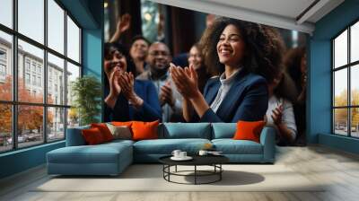 Black woman, Target growth, finance team and diversity of business group clapping for support and happiness. Company success. Generative AI Wall mural