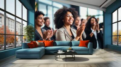 Black woman, Target growth, finance team and diversity of business group clapping for support and happiness. Company success. Generative AI Wall mural