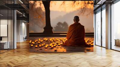 Buddhist monk from back sitting in meditation Wall mural