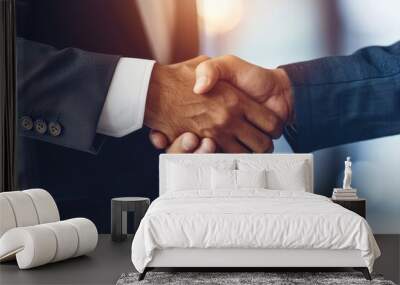 Close-up image of a business handshake between two professionals, symbolizing agreement, partnership, and cooperation in a corporate setting. Wall mural