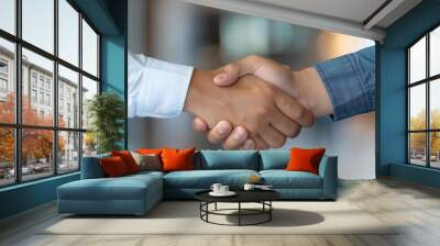 Close-up of a professional handshake between two people, signifying business agreement and partnership in a corporate setting. Wall mural