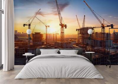 Construction site and sunset. View of a large construction site with buildings under construction. Crane and construction site building against blue sky. Generative AI Wall mural