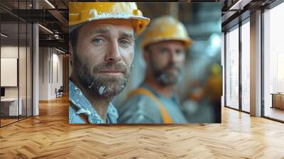 Construction workers in hard hats in an industrial setting, showing dedication and teamwork. Wall mural