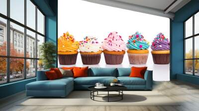 Delicious birthday cupcakes on white background, Cupcake with cream for a birthday or other holiday Wall mural