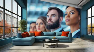 Diverse group of business professionals confidently posing in a modern office hallway, showcasing teamwork and leadership qualities. Wall mural