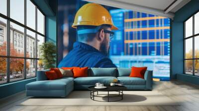 Engineer in yellow hard hat monitoring industrial processes on computer screens in a control room Wall mural