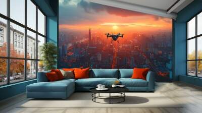 Futuristic cityscape with flying construction drones building skyscrapers, sunset background, reflective glass surfaces Wall mural