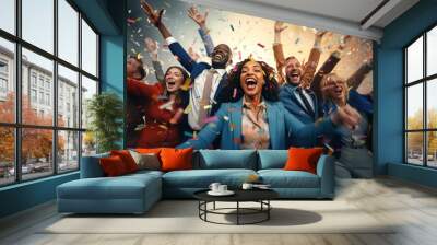 Group of diverse businesspeople cheering celebrate and victory to business success with colleagues, Smiling multiethnic colleagues celebrate shared business success or victory in office Wall mural