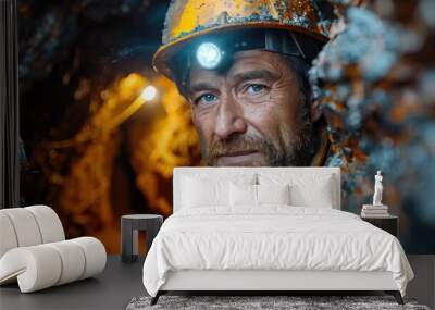 Portrait of a rugged miner with a headlamp, deep in a dark, rocky tunnel showcasing the gritty reality of underground mining. Wall mural