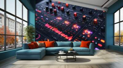 Professional Audio Mixing Console in Studio, a professional audio mixing console with illuminated buttons and sliders in a music production studio environment. Wall mural