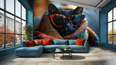 Retro cat-eye sunglasses resting on a patterned scarf, embodying the chic style of the 1960s Wall mural