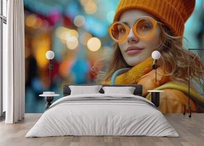 Stylish young woman with glasses and beanie enjoying a vibrant city evening with bokeh lights background. Wall mural