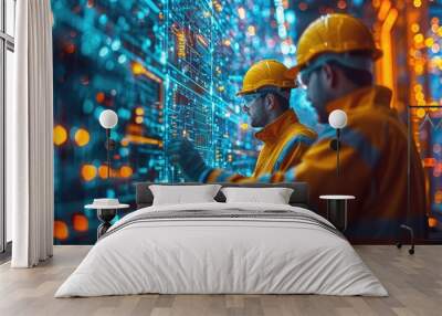 Two engineers in hardhats look at a large digital screen. Wall mural