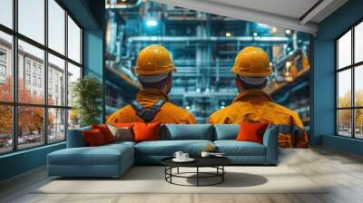 Two industrial workers in protective gear observe machinery inside a modern factory, highlighting the engineering and manufacturing process. Wall mural