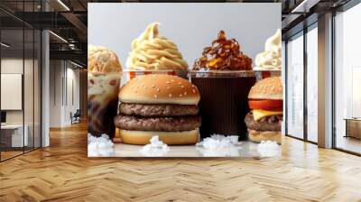 Variety of fast food items including burgers, fries, ice cream, and sodas arranged in a row on a white background. Wall mural