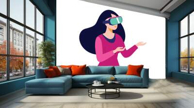 Woman plays VR games using glasses to immerse herself in virtual reality and metaverse, Flat vector illustration with woman wearing virtual reality glasses. vector illustration Wall mural