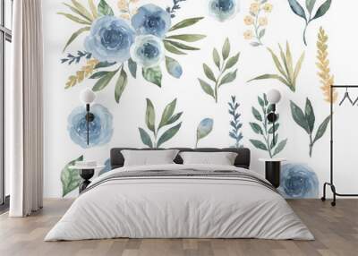 Watercolor dusty blue roses smoky muted colors flower bouquet Wall mural