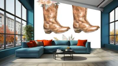 Western illustration. Cowboy boots with floral decoration Wall mural