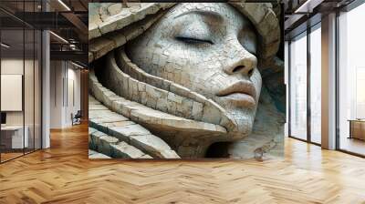 Abstract human face built from mosaic stone textures and integrated stairs, surreal profile merging architecture and human features with light and shadow in modern geometric design Wall mural