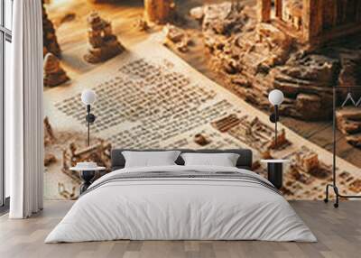 Ancient Scroll with Miniature Historical Architecture, Detailed Models Emerging from the Surface, Illuminated Fantasy Scene Blending History and Art on a Tabletop Wall mural