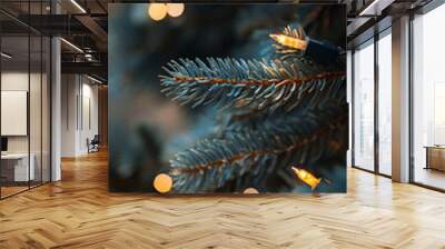 Christmas tree with glowing lights and colorful ornaments in a cozy living room, surrounded by presents. Traditional festive holiday decor capturing the spirit of Christmas. Perfect for seasonal celeb Wall mural