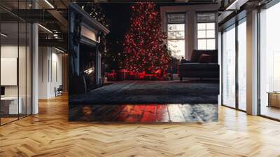 Christmas tree with glowing lights and colorful ornaments in a cozy living room, surrounded by presents. Traditional festive holiday decor capturing the spirit of Christmas. Perfect for seasonal celeb Wall mural