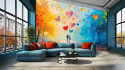 Journey of the Heart: A Solitary Figure Amidst a Whirlwind of Colorful Hearts in a Mystical Forest Wall mural