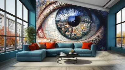 Surreal Mosaic Eye with Colorful Tiles Featuring Cityscape and Building Details in a Modern Artistic Design Wall mural