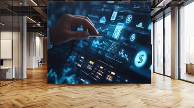 Business professional using a futuristic touchscreen interface to manage financial planning and budgeting, Budget and financial planning concept,Corporate finance and annual strategic plan. invest, Ai Wall mural