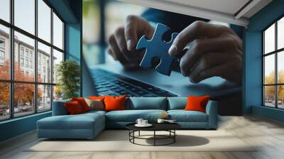 Businessman use laptop with jigsaw icon for solution and leadership strategies concept,social media native, ad, advertisers, sales, Digital marketing,Businessman use laptop with advertising on website Wall mural