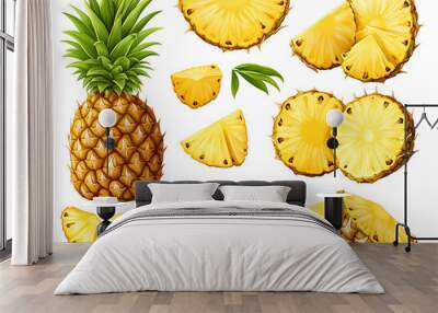 Falling Pineapple slices isolated on Transparent background, full depth of field, lipping path,pineapple in full depth of field, Falling candied fruit, Cut pineapple on transparent background, ring,Ai Wall mural