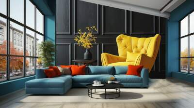 Living room interior has an yellow armchair on empty dark black wall background,Modern wooden living room, Ai generated	
 Wall mural