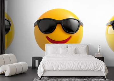 Smiling face with sunglasses three-dimensional emoji,3d cheerful glasses emoji isolated on transparent background, Happy sun emoji,png,3d smiling face emoji with expression sun glasses on, transparent Wall mural