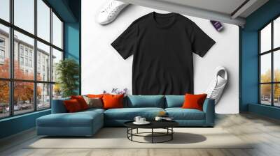 black dark tshirt mockup,Black T-shirt Mockup,plain black t-shirt,Blank T Shirt color black,Stylish mockup of a plain black t-shirt,Young man wearing black tshirt mockup,black,front and back view,ai Wall mural