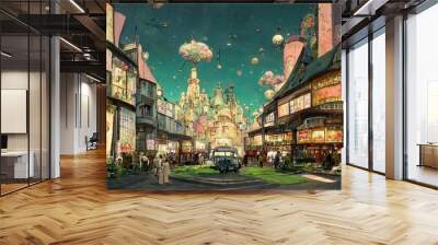 Street view of a wondrous amazing fantasy city town square. Wall mural