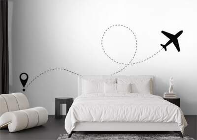 Airplane line path vector icon of air plane flight route with start point and dash line trace Wall mural