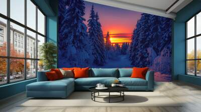 Cold winter day sunset landscape with snowy trees. Photo from Sotkamo, Finland. Background Heavy snow view. Wall mural