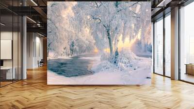 Snowy river view from Kuhmo, Finland. Wall mural