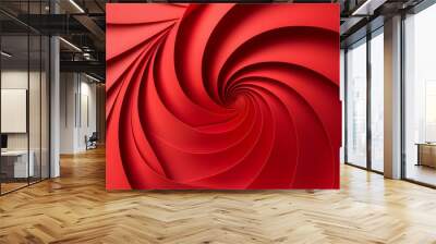 A close-up view of a swirling pattern created with red paper, showcasing a dynamic spiral design. The texture and layers of the paper create depth and movement, emphasizing the vibrant red color. Wall mural