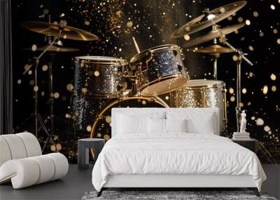 A sparkling drum set with shimmering gold confetti falling around it, creating a festive atmosphere. The drums are shiny and reflect light, set against a dark background Wall mural