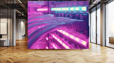 Close-up view of network cables connected to a server with colorful LED lights. The image features a vibrant mix of purple and blue lighting, highlighting the intricate connections and technology. Wall mural