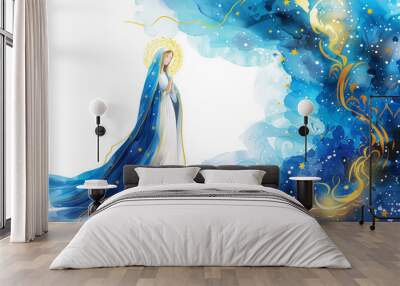 Holy Mary praying for Ukraine, watercolor religious illustration with blue and yellow  Wall mural