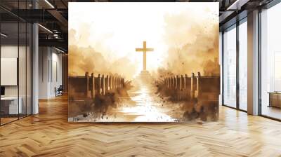 Inside the church, path to the altar sermon, watercolor religious drawing, brown tones Wall mural