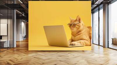 orange cat with glasses looking at laptop on yellow background, sitting behind a computer, serious cat working as IT, social media manager, cat looking for best food prices, deals Wall mural