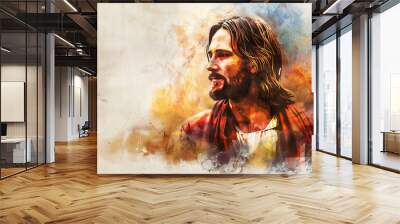 portrait of a Jesus with red clothes, religion watercolor painting Wall mural