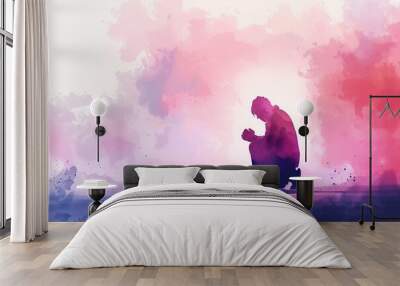 silhouette of a person praying, purple watercolor religious painting, christianity symbol Wall mural