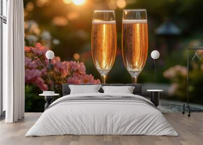 Two champagne glasses filled with bubbly drinks, set on a table with pink flowers, against a warm, glowing sunset background, romantic celebration Wall mural