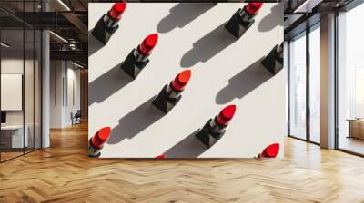 Various shades of lipsticks on a white background, bold glamours style make up,  beauty and fashion. flat lay, top view Wall mural