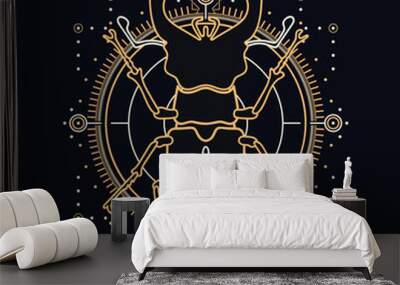 Sacred stag beetle with celestial design elements - insect illustrated with gold and white lines on black background Wall mural